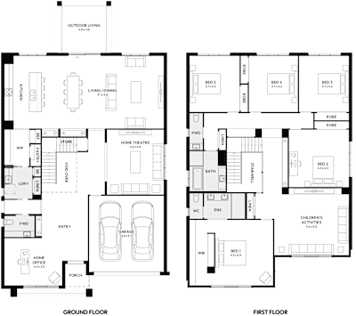 Enigma 46 by mojohomes.com.au, 5 bedroom 2 bathroom 2 car 2 storey passive solar house plan, 12.3m x 21.9m, NSW - Plan
