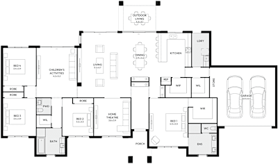 Dalton Home Design by mojohomes.com.au, 4 bedroom 2 bathroom 2 car single storey passive solar house plan, 28.8m x 16.2m, NSW - Plan