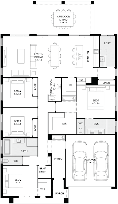Atrium by mojohomes.com.au, 4 bedroom 2 bathroom 2 car single storey passive solar house plan, 13m x 22m, NSW - Plan
