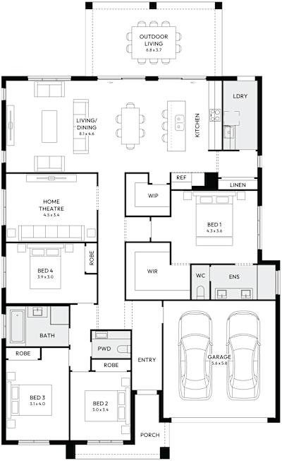 Atrium 29 by mojohomes.com.au, 4 bedroom 2 bathroom 2 car single storey passive solar house plan, 13.9m x 22.1m, NSW - Plan