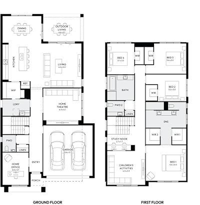 Nautica 34 by mojohomes.com.au, 4 bedroom 2 bathroom 2 car 2 storey passive solar house plan, 10.7m x 18.6m, NSW - Plan