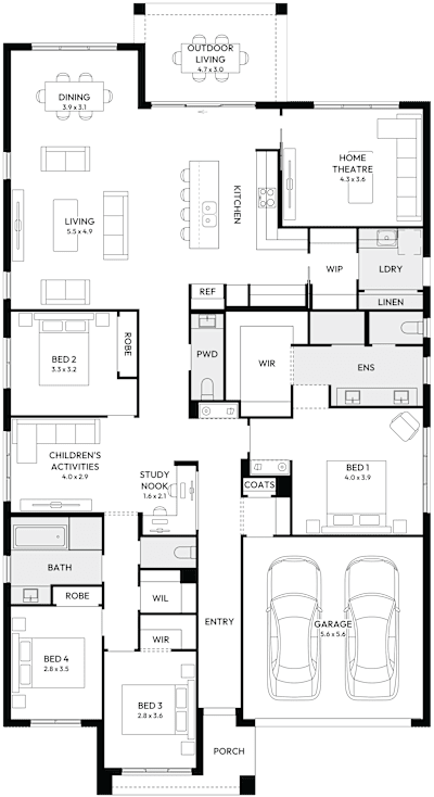 Oasis 31 by mojohomes.com.au, 4 bedroom 2 bathroom 2 car single storey passive solar house plan, 13.2m x 23.8m, NSW - Plan
