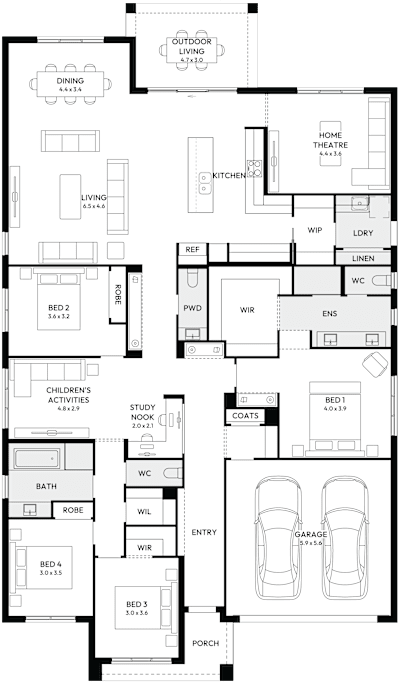 Oasis 33 by mojohomes.com.au, 4 bedroom 2 bathroom 2 car single storey passive solar house plan, 14.2m x 24.4m, NSW - Plan