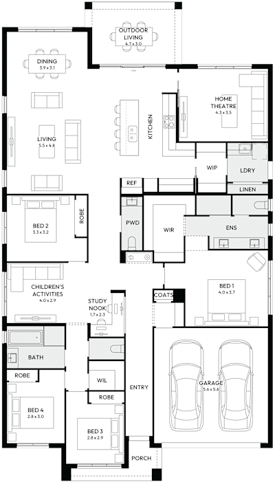 Oasis 30 by mojohomes.com.au, 4 bedroom 2 bathroom 2 car single storey passive solar house plan, 13.2m x 23.2m, NSW - Plan