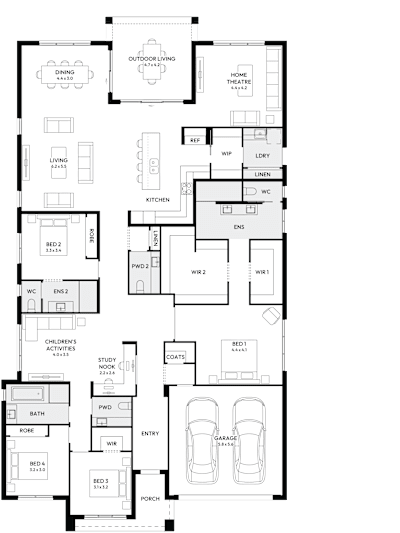 Oasis 37 by mojohomes.com.au, 4 bedroom 3 bathroom 2 car single storey passive solar house plan, 14.6m x 26.3m, NSW - Plan