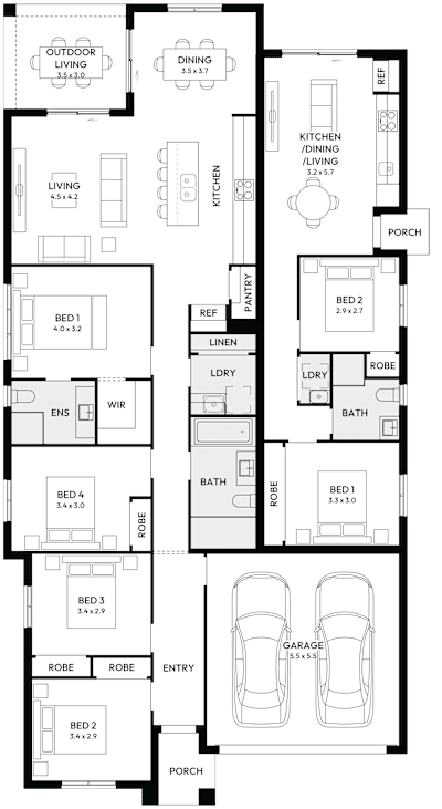 Camden by mojohomes.com.au, 6 bedroom 3 bathroom 2 car single storey passive solar duplex plan, 11.6m x 22.5m, NSW - Plan