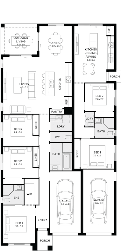 Chelsea Home Design by mojohomes.com.au, 5 bedroom 3 bathroom 2 car single storey passive solar duplex plan, 11.3m x 21.7m, NSW - Plan