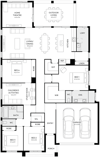 Atrium31 by mojohomes.com.au, 4 bedroom 2 bathroom 2 car single storey passive solar house plan, 14.4m x 22.1m, NSW - Plan