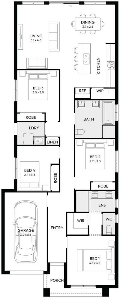 Alpha by mojohomes.com.au, 4 bedroom 2 bathroom 1 car single storey passive solar house plan, 8.4m x 21m, NSW - Plan