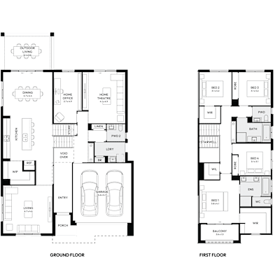 Trilogy by mojohomes.com.au, 4 bedroom 2 bathroom 2 car 2 storey passive solar house plan, 12.7m x 19.5m, NSW - Plan