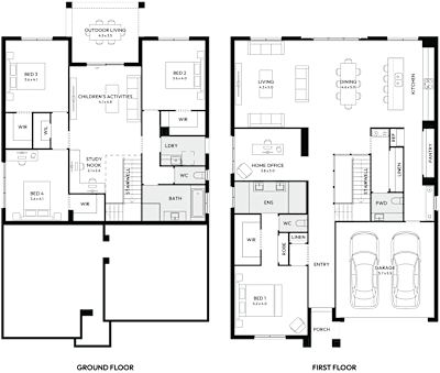 Ainslie Home Design by mojohomes.com.au, 4 bedroom 2 bathroom 2 car 2 storey passive solar house plan, 12m x 19.5m, NSW - Plan