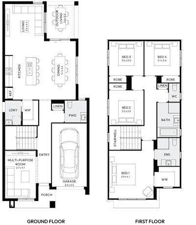 Rosebery 23 Affordable by mojohomes.com.au, 4 bedroom 2 bathroom 1 car 2 storey passive solar house plan, 7.6m x 17.4m, NSW - Plan