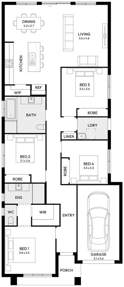 Rosedale 19 by mojohomes.com.au, 4 bedroom 2 bathroom 1 car single storey passive solar house plan, 9m x 21.1m, NSW - Plan